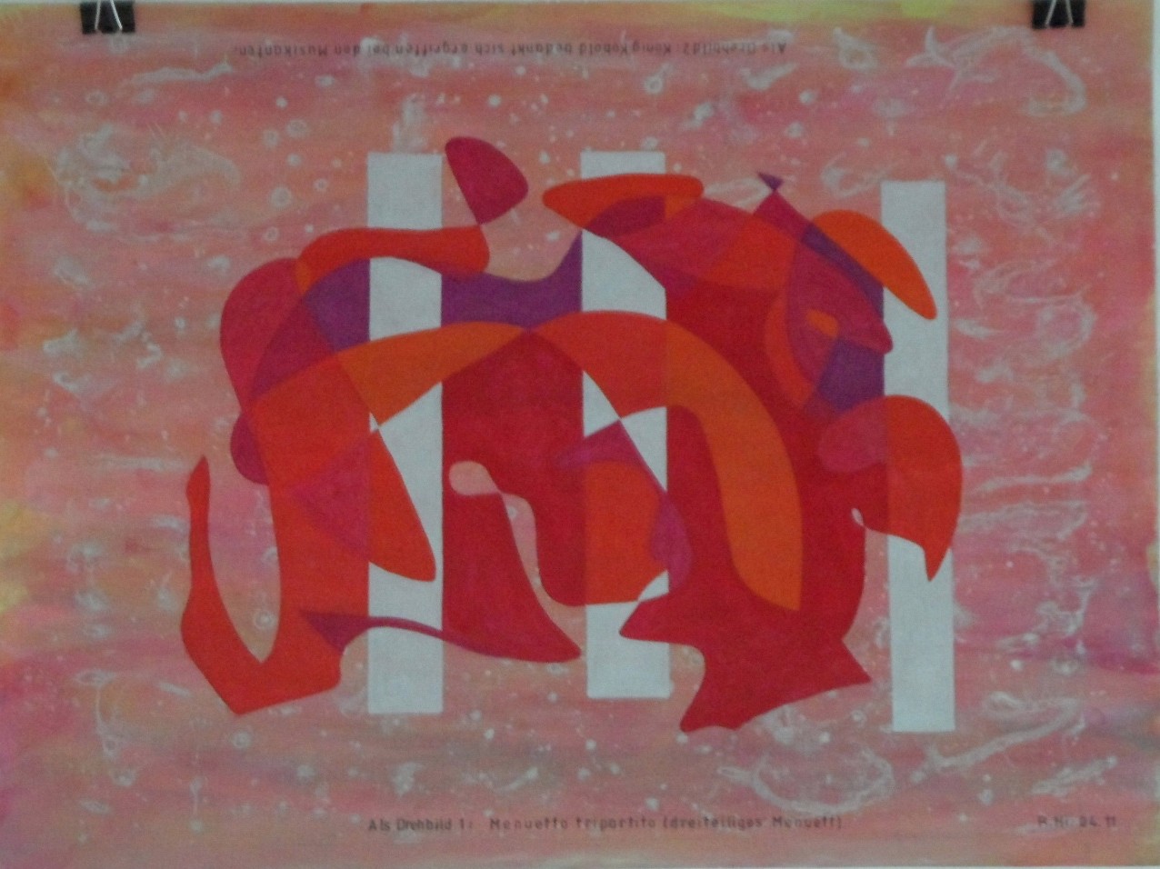 Roland Hirn: Titel 1: Menuetto tripartito, Titel 2: (gedrehtes Bild)  Koenig Kobold bedankt sich ergriffen bei den Musikanten, Masse: 56 x 42cm, Acryl auf Papier