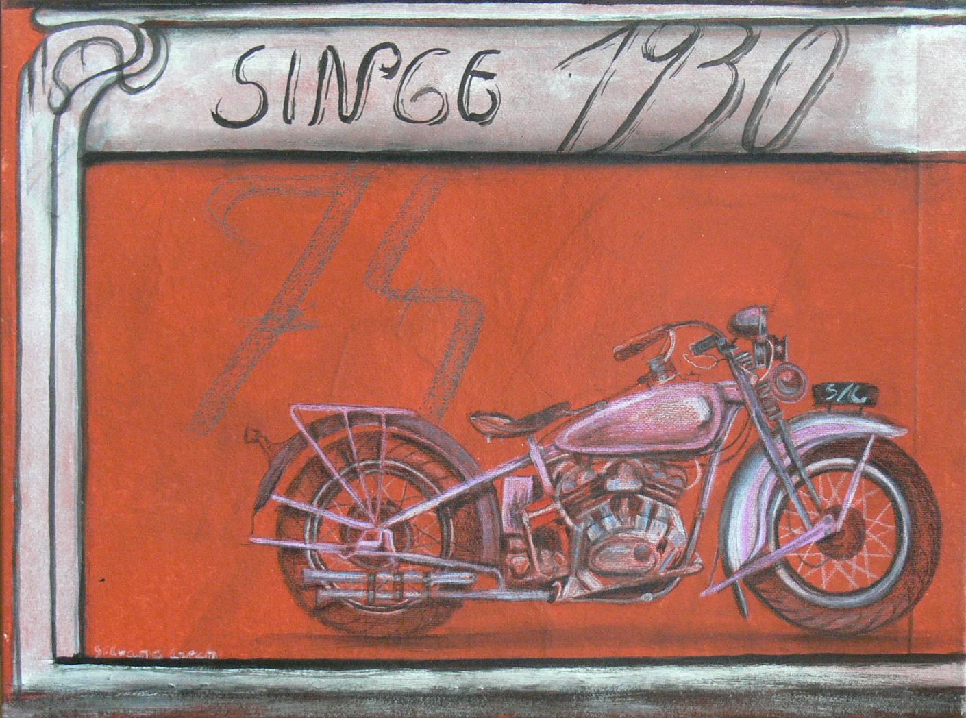 silvana czech: Motorradbild einer Harley 74 1930 Harley 74 1930 aus der Bilderserie Chromwelten by Silvana Czech Unikat Material: Michtechnik auf Leinwand auf Keilrahmen Gr??e: 30 - 40 cm 