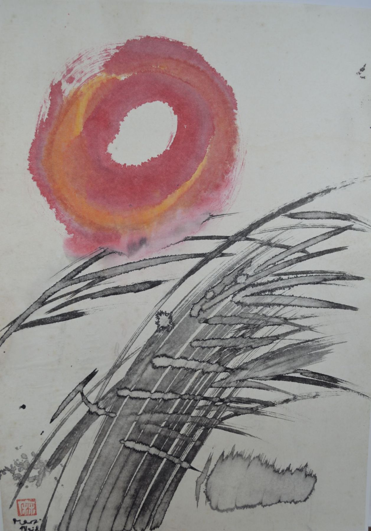 Marianne Marx-Bleil: Sonne, Mond oder Zen-Kreis?Sumi-e,Pinselzeichnung,Graeser,Japanpapier,Original von 1988, 48x69cm/ ID: 9S85-1160