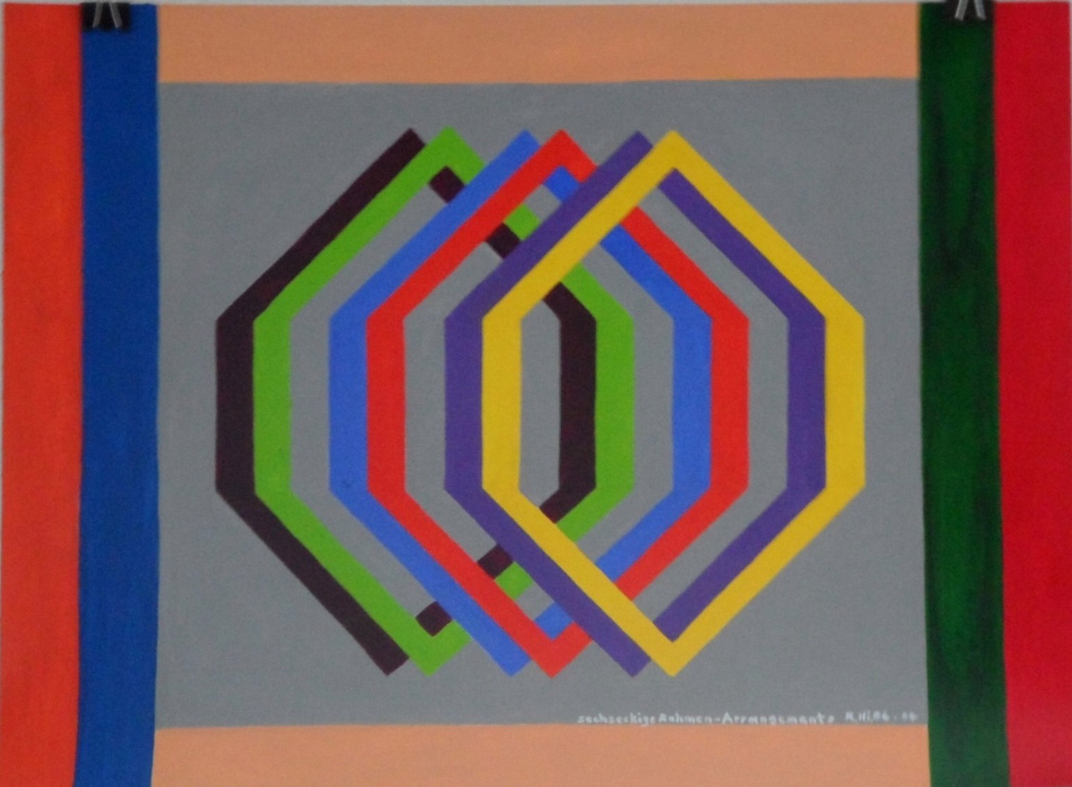 Roland Hirn: sechseckige Rahmen-ArrangementsMasse: 56 x 42cm, 6 verschiedenfarbige Rahmen aufgefaechert in Zweiergruppen, Acryl auf Papier