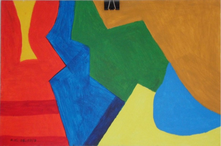 Roland Hirn: ohne Titel  (farbige unregelmaessige Formen)Masse: 36 x 24cm, Acryl auf Papier
