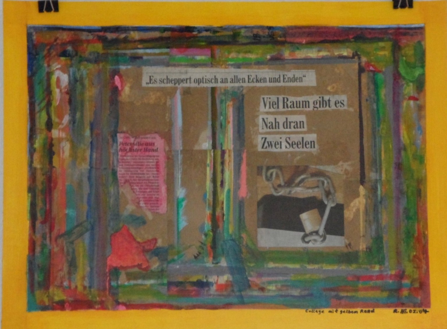 Roland Hirn: Collage mit gelbem Rand Masse: 56 x 42cm,  Mischtechnik, Acryl auf Papier