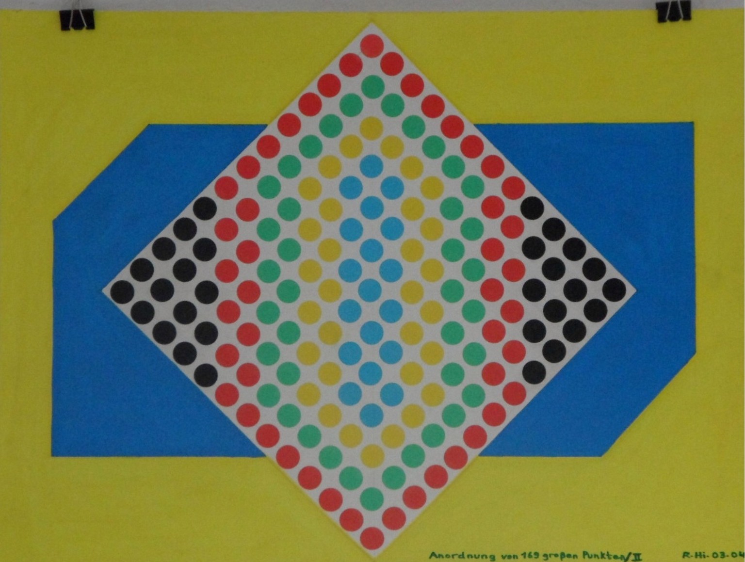 Roland Hirn: Anordnung von 169 grossen Punkten/ II (gelber Hintergrund), Masse: 56 x 42cm, Acryl mit Markierungspunkte auf Papier       