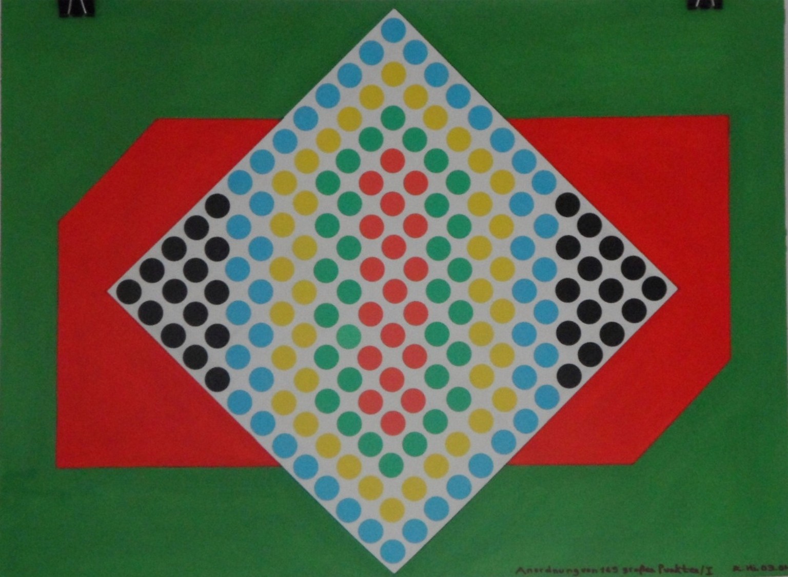 Roland Hirn: Anordnung von 169 grossen Punkten/ I, (gruener Hintergrund), Masse: 56 x 42cm, Acryl mit Markierungspunkte auf Papier