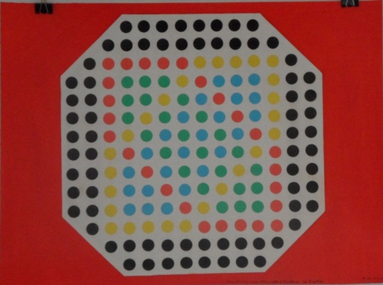Roland Hirn: Anordnung von 172 grossen Punkten, Masse: 56 x 42cm, Acryl mit Markierungspunkten auf PapierAnordnung von 172 Markierungspunkte