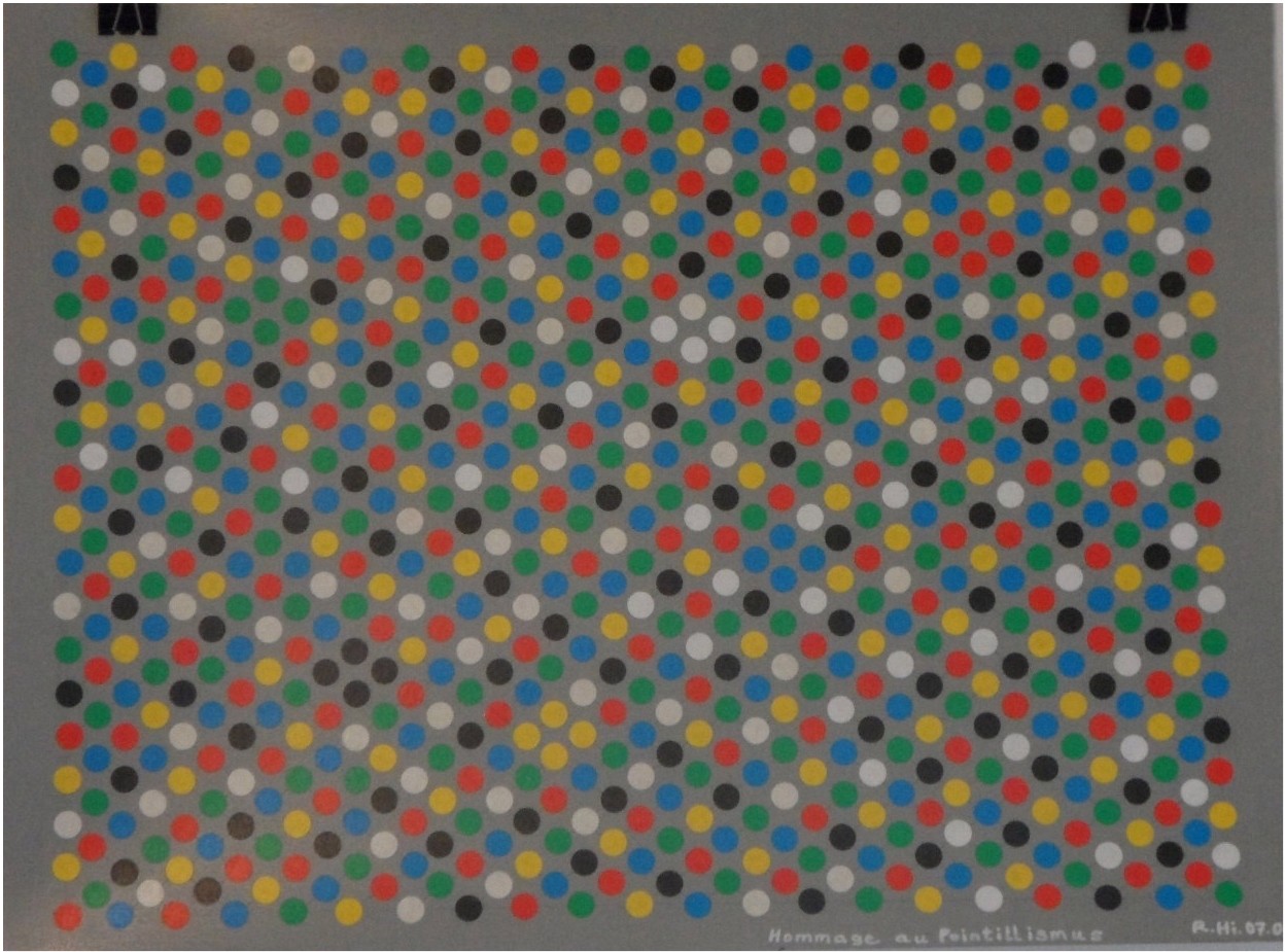 Roland Hirn: Hommage au Pointillismus,  Masse: 56 x 42cm, Acryl mit Markierungspunkte auf Papierabstrakte Darstellung des Bildtitels