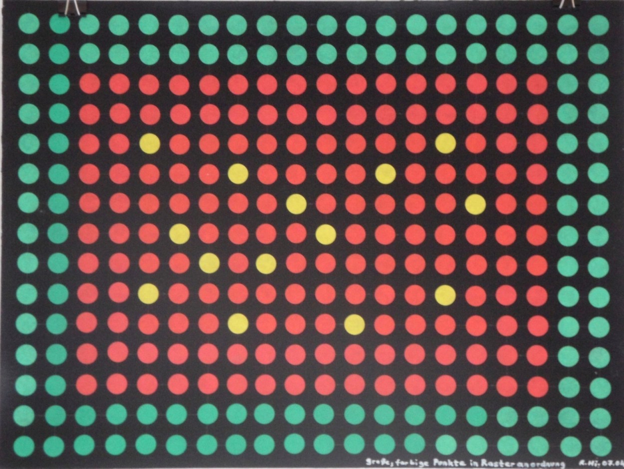 Roland Hirn: Grosse, farbige Punkte in Rasteranordnung, Masse: 56 x 42cm, Acryl mit Markierungspunkte auf Papier