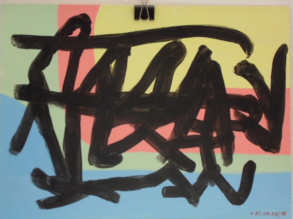 Roland Hirn: ohne Titel (Symbole, Zeichen auf blauem, rotem, gruenen und gelbem Hintergrund)Zeichen, Symbole auf blauem, rotem, gruenen und gelbem Hintergrund, Masse: 36 x 24cm, Acryl auf Papier 