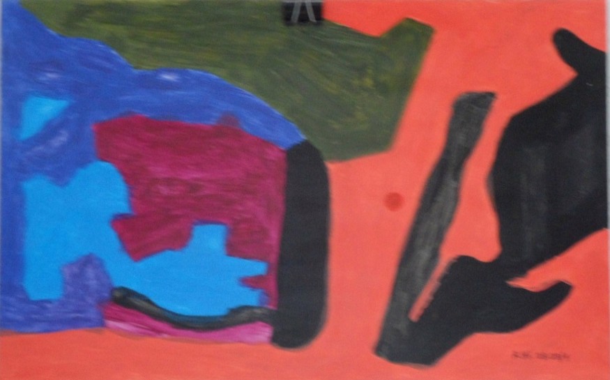Roland Hirn: ohne Titel (Bild mit unregelmaessigen Formen und einem kleinen roten Punkt), Masse: 38 x 24cm, Acryl auf PapierBild mit unregelmaessigen Formen, links blau, mittig und rechts rot, ganz rechts schwarz.