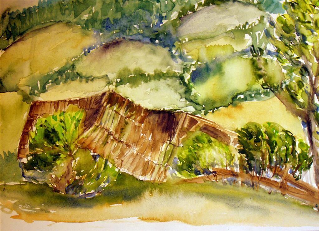 Gabriele Gmeiner-Huebel: Huette Aquarell, 30x40 cm