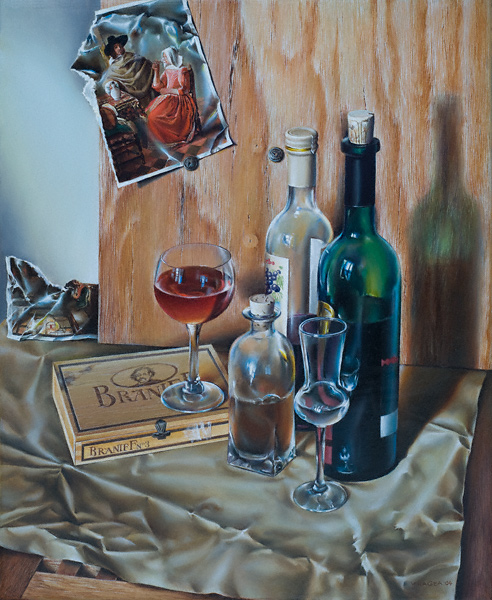 Victor Hagea: Stillleben mit chilenischem WeinSillleben, 44 x 36 cm, 2004, Oel auf Leinwand