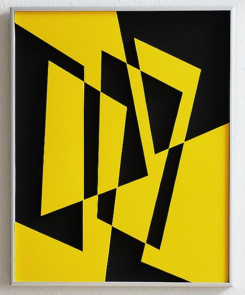 Axel Heibel: Wandobjekt  34/10/14/KObjekt aus schwarzem und gelbem Karton unter Glas;  50,5 x 40,5 x3,5 cm;  2014