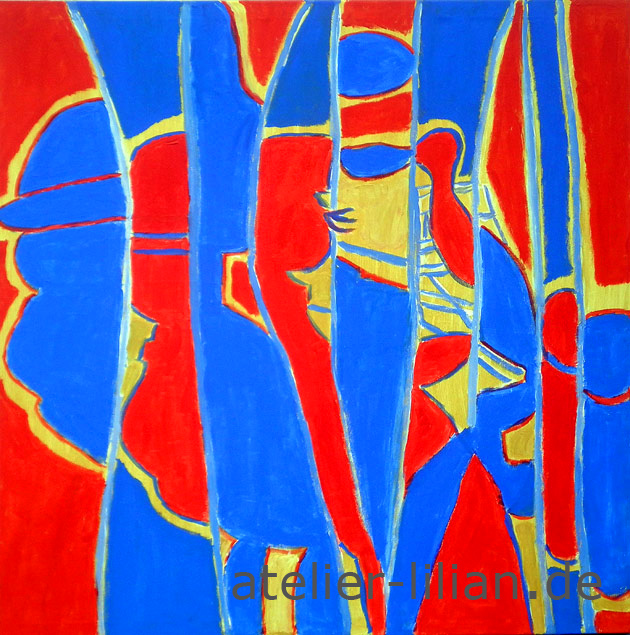 Lilian Greulich: Trompeter (abstrakt) Farblich strenge Abstraktion mit Rot und Blau