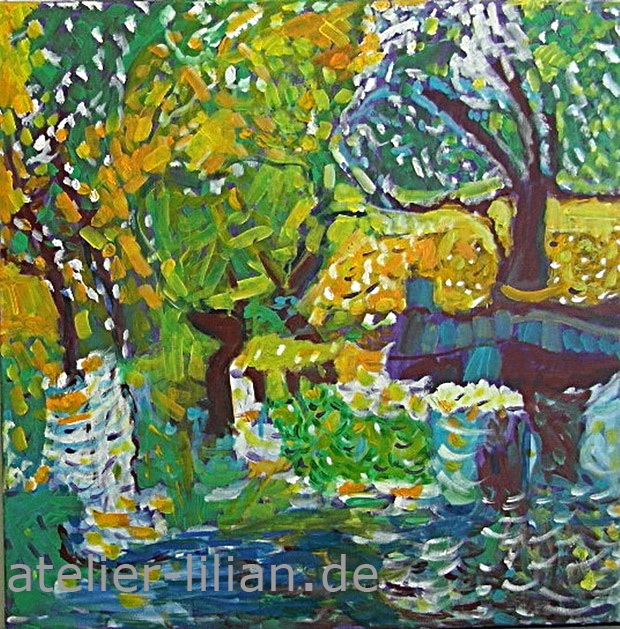 Lilian Greulich: Spiegelung am BachEine herbstlich anheimelnde Landschaft um einen Bach, ganz in meiner N?he, die vom Post-Impressionismus inspiriert ist, gewiss durch Vincent van Goghs Bild Boote am Ufer der Oise in mir als Anregung gelten kann.