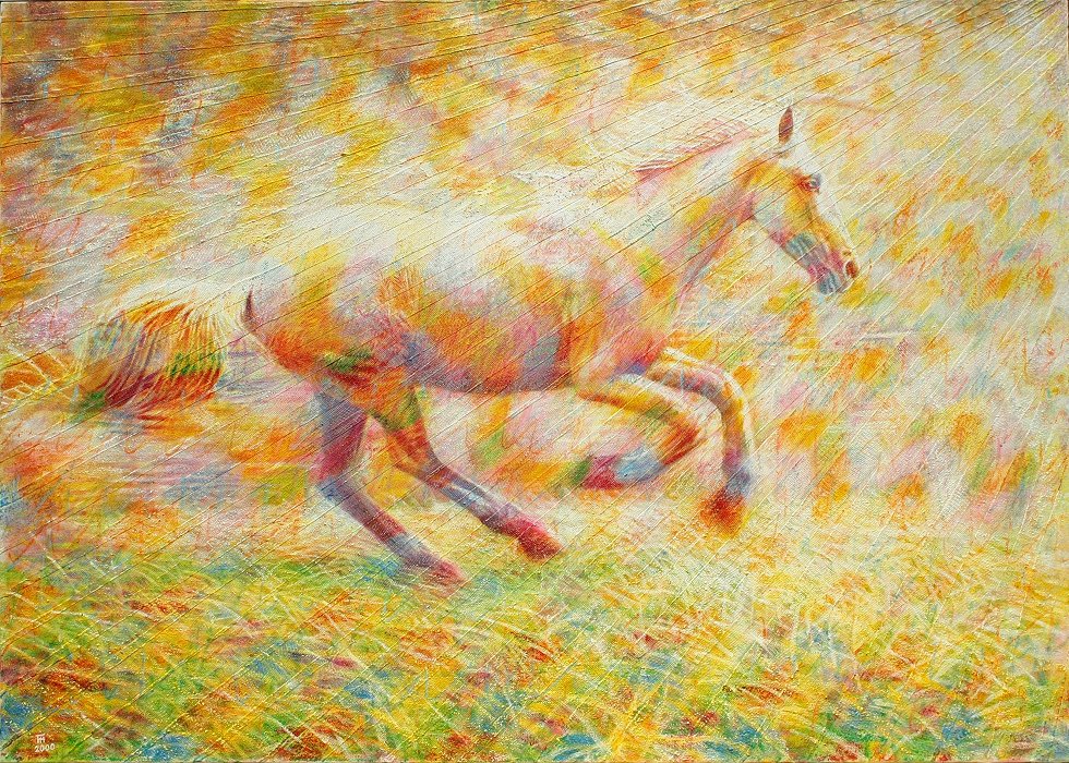 Fred Hahn: Im Galopp (Nach Hause)Oil auf verstaerkter Leinwand, 2000, 125 x 175 cm