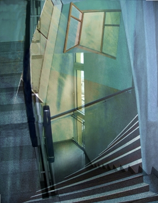 Gertrud Scheffler: Im Treppenhaus Foto mit Raumbild in ?l digital bearbeitet. ( Dieses Werk kann nur als Kunst oder Leinwand Druck erworben werden