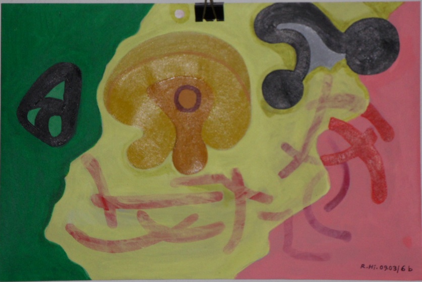 Roland Hirn: ohne Titel (abstrakte Zeichen und Symbole), Masse: 35,7 x 23,9cm, Acryl auf PapierAbstrakte Darstellung mit verschiedenen Farben und Formen (links = gruen, mittig = hellgelb, rechts = rot)