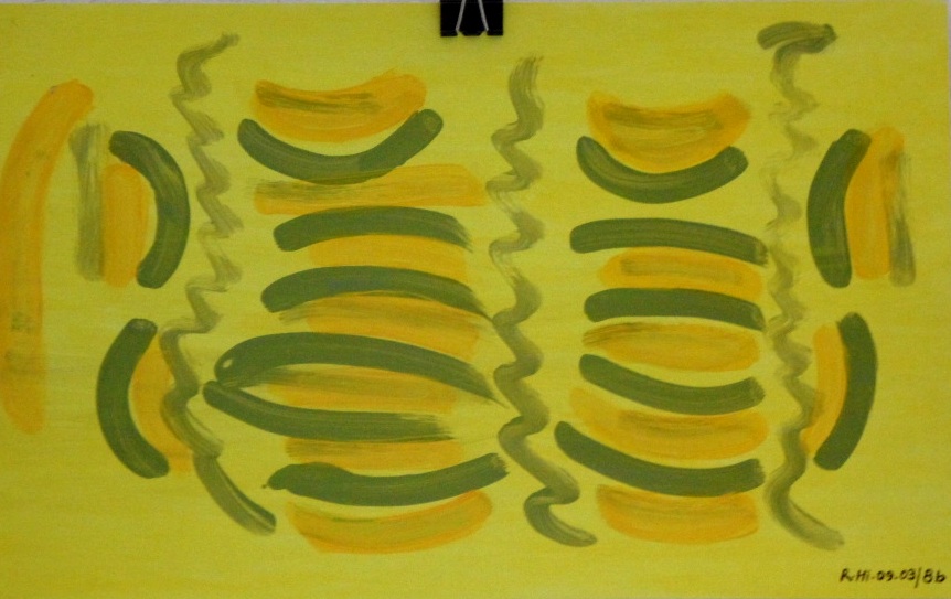 Roland Hirn: ohne Titel (bstraktes Muster/ Zeichen auf gelbem Hintergrund), Masse: 37,9 x 23,9cm, Acryl auf Papier