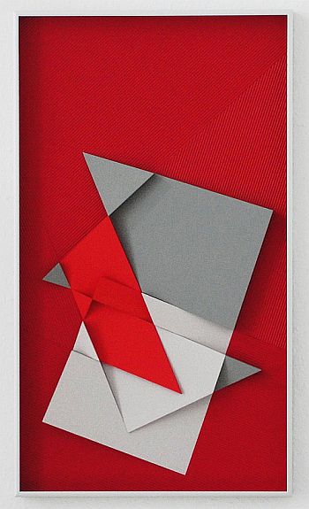 Axel Heibel: Wandobjekt  10/4/14/Kdreidiomensionales Objekt aus rotem und grauem Karton und rotem Wellkarton unter Glas;  50,5 x 50,5 x 3,5 cm;  2014