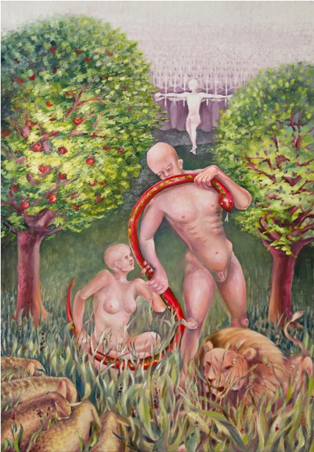 Waltraud Hofmann: Die SchlangeDie Schlange, Sinnbild fuer das Geschenk des freien Willens, der ernstgemeinten Gottesebenbildlichkeit, die durch den Tod von Schoepfer und Geschoepf ins Leben fuehrt.  (Oel auf Leinwand, 1000x700)