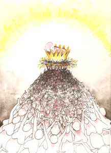 Waltraud Hofmann: Frohe WeihnachtenDie ohnmaechtig ausgelieferte Frau wird erhoeht indem sie den Sohn des Allmaechtigen zur Welt bringt. Die Ohnmacht ueberwindet die Welt. (Grafik, 200X300)
