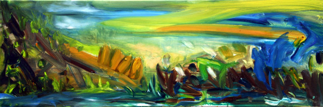 Petra Thalermaier: o.T. - Oel / Holzfaserplatte 150x40 (Fugenrahmen Buche natur)