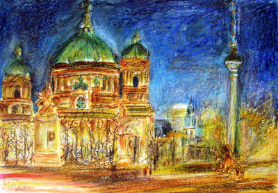 Irina Usova: Berliner Dom bei Nachtoelpastell auf farbigem Papier 24 x34 cm., Originalwerk, Unikat, datiert, signiert