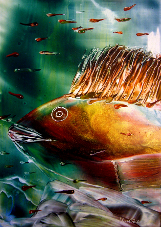 Ulrike Kroell: FischkinderZarter Lichtschein dringt durch die Wasseroberflaeche und erhellt die geheimnisvolle Meereslandschaft, wo auch Fischkinder schwimmen. Groesse 15 cm x 11 cm mit farblich passendem Rahmen fachgerecht angefertigt