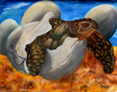 Ulrike Kroell: GeschluepftDer erste Schluepfling hat es mit seinem Eizahn geschafft und schluepft aus dem Ei. Die anderen Schluepflinge folgen nach und nach nach dem Schluepf-Timing-Prinzip. 50 cm x 65 cm zzgl. farblich passendem Rahmen fachgerecht angefertigt.