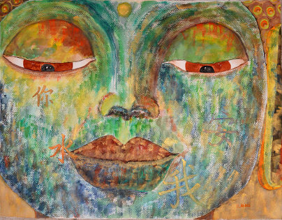 Ulrike Kroell: Blick des BuddhaEin sehr friedlicher Gesichtsausdruck. Die Schriftzeichen Frieden, ICH, DU sowie Wasser kann  man auf seinem Gesicht entdecken.Groesse 50 cm x 70 cm zzgl. mit farblich dazu passendem Rahmen fachgerecht angefertigt