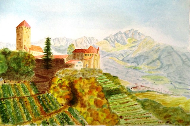 Oskar Ziegler: Schloss Tirol mit Sarntaler AlpenOriginal Aquarell, Schloss Tirol mit Dorf Tirol und Sarntaler Alpen, S?dtirol, 62 x 47 cm, 500 g/qm, 2015, signiert, datiert, Unikat