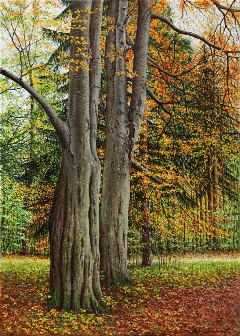 Juergen Schmidt: Herbstlicher Park2014, Oel, Leinwand, 50/70 cm, Unikat, datiert, signiert