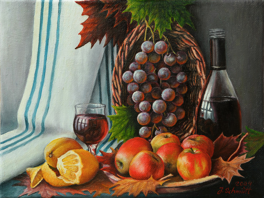 Juergen Schmidt: Fruechte mit Wein 2006, 50/40 cm, Oel, Leinwand, Unikat, datiert, signiert