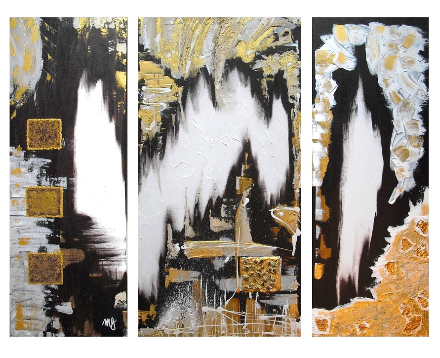 Michael Giangrande: Coffee Break (2009)Acrylic colour, coffee grounds, coffee beans and foil on canvas 80x30cm, 80x40cm, 80x30cm
