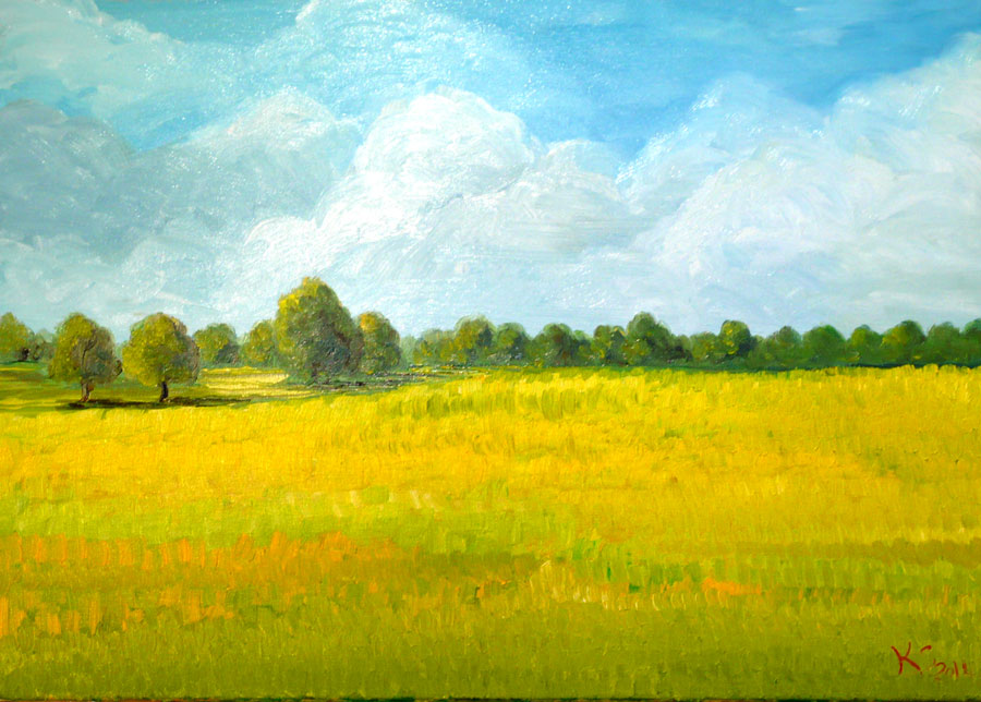 a Seidel:  Rapsfeld, Oelfarbe auf Keilrahmen , 70cm x 50 cmRapsfeld mit Baeumen im Hintergrund