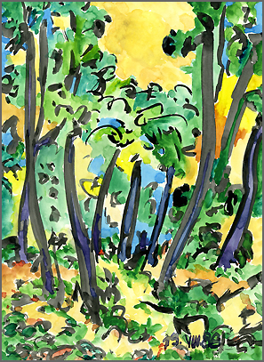  Pleuss,Malerei,Drucke: Sonnenlicht - WaldwegJapantusche mit Aquarelle, ein Giclee-Druck auf BuettenpapierBild 18,5 x 26,5 cm im Chamois-Passepartout 30 x 40 cm