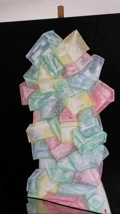 ute Schaefer: Farbige EiszeitUniversum der konstruktiv geometrisch, farbigen Eiswuerfel mit Spiegeleffekt H x B in cm 1,30 x 0,90