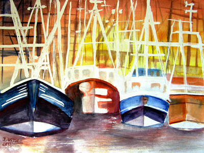 Irina Usova: Schiffe im HafenAquarell auf Aquarellpapier 24 x 32 cm., Originalwerk, Unikat, datiert, signiert