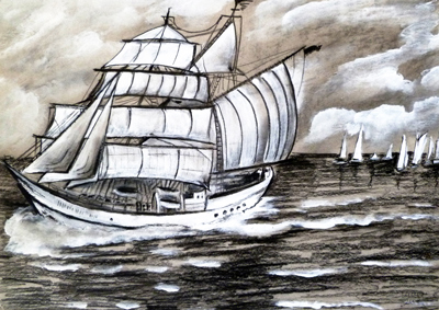 Irina Usova: SegelschiffKohle und wei?e Deckfarbe auf Karton 30 x 40 cm., Originalwerk, Unikat, datiert, signiert