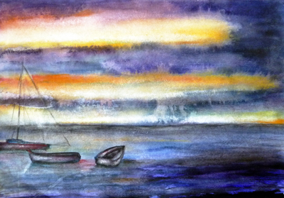 Irina Usova: Boote im MeerAquarell auf hochwertigem Aquarellpapier 30 x 40 cm., Originalwerk, Unikat, datiert, signiert