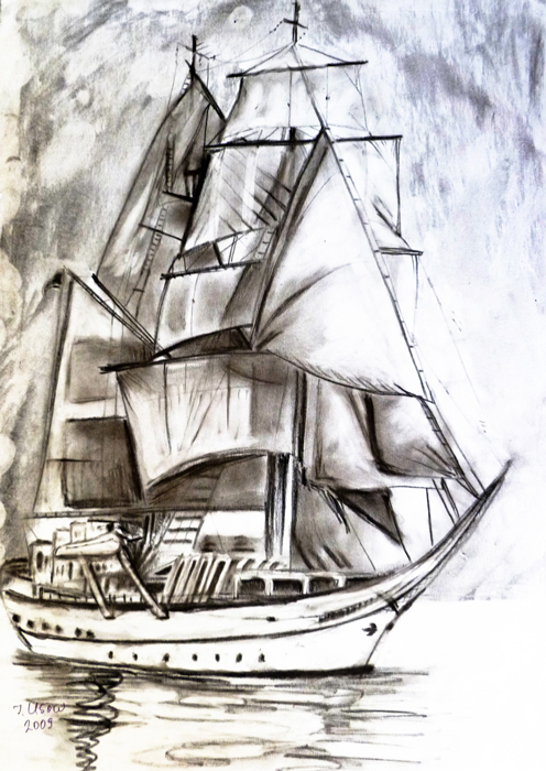 Irina Usova: SegelschiffKohle auf Karton 30 x 40 cm., Originalwerk, Unikat, datiert, signiert