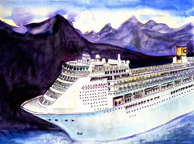 Irina Usova: KreuzfahrtschiffAquarell auf hochwertigem Aquarellpapier 30 x 40 cm., Originalwerk, Unikat, datiert, signiert