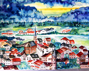 Irina Usova: Dorf in ThuringenAquarell auf hochwertigem Aquarellpapier 36 x 48 cm., Originalwerk, Unikat, datiert, signiert