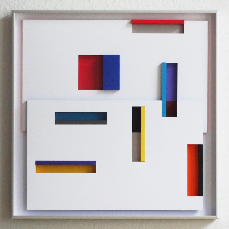 Axel Heibel: Wandobjekt  1/2/16/Kdreidimensionales Objekt aus verschieden farbigen Kartons unter Glas; 2016; 50,5 x 50,5 x 3,5 cm