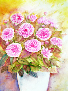 Irina Usova: DahlienAquarell auf hochwertigem Aquarellpapier 30 x 40 cm., Originalwerk, Unikat, datiert, signiert