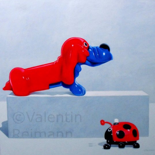 Valentin Reimann: Hund, blau und rot70x70cm Oel