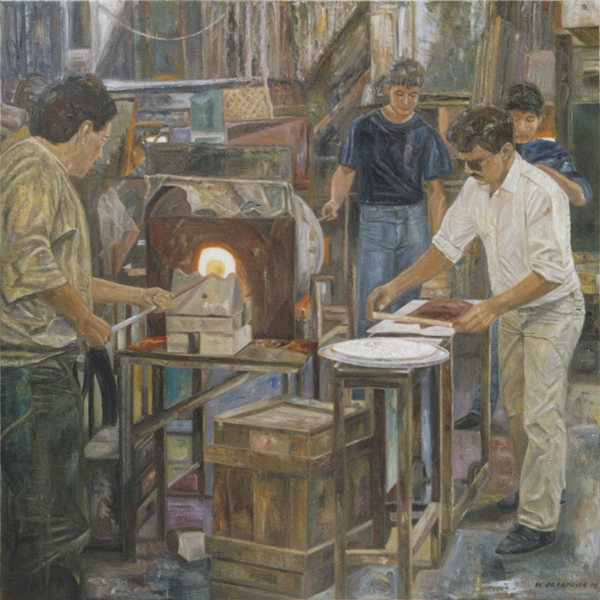 Michael Obermeier: Maltese Glass-Blowers ▪ Oil on Canvas ▪ 1987 ▪ 100 x 100 cm