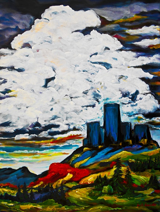 Eberhard Schmidt-Dranske: Gewitterwolke ueber der Nuerburg    -  - -   Acryl auf Leinwand, 80 x 60 cm