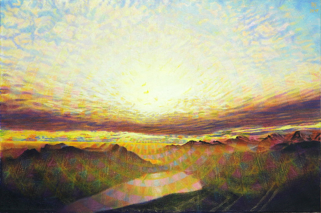 Fred Hahn: AbendsonnenstrahlenOel auf ueberklebter Leinwand, 2003/2017, 120 x 80 cm