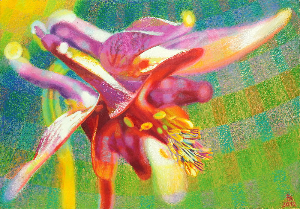 Fred Hahn: Lichtblume 2 (Violette Akelei)Oil; Gold- und Silberpastell auf Holz, 2015, 70 x 100 cm
